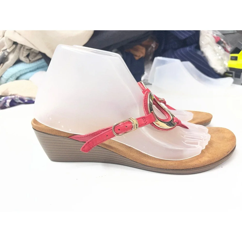 Vionic Orchid Red Leather Wedge Sandals Gold Ring Thong Slingback Women 9